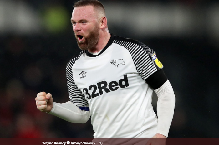 Mantan pemain Manchester United, Wayne Rooney, meluapkan ekspresinya setelah tampil impresif pada laga debutnya bersama Derby County, Kamis (2/1/2020). 