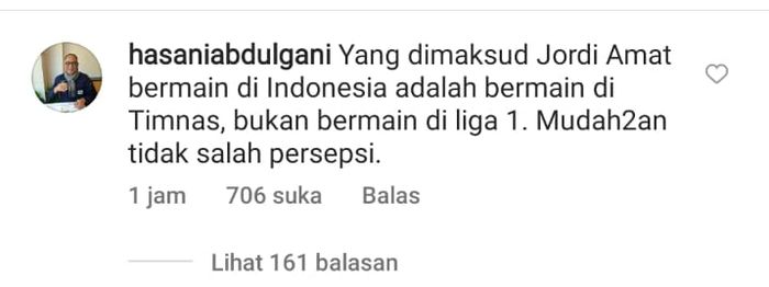 Tangkapan layar pernyataan Exco PSSI, Hasani Abdulgani terkait kepindahan Jordi Amat ke Liga Indonesia.