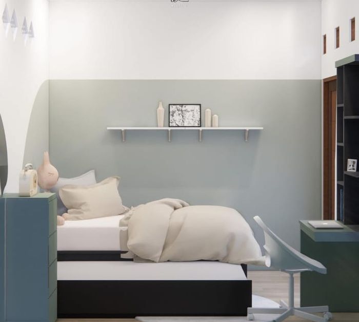Ide kamar tidur warna sage green atau hijau.