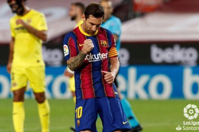 Selebrasi megabintang Barcelona, Lionel Messi, saat mencetak gol ke gawang Villarreal.