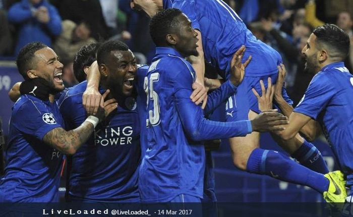 Pemain Leicester City bersuka cita setelah membobol gawang Sevilla pada leg 2 babak 16 besar Liga Champions di Stadion King Power, 14 Maret 2017.