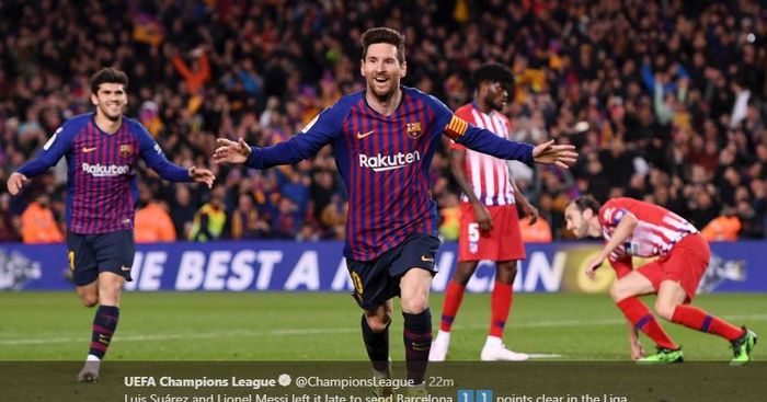 Megabintang Barcelona, Lionel Messi, merayakan gol yang dicetak ke gawang Atletico Madrid dalam laga Liga Spanyol di Stadion Camp Nou, Sabtu (6/4/2019).