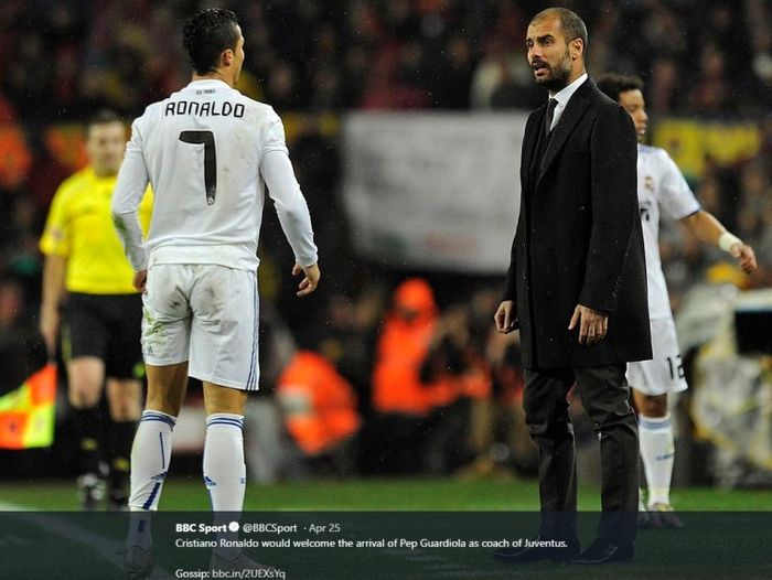 MEgabintang Real Madrid, Cristiano Ronaldo, ebrhadapan dengan pelatih Barcelona, Pep Guardiola.