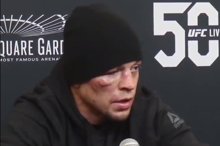 Petarung UFC, Nate Diaz, berbicara kepada pers seusai partai UFC 244 kontra Jorge Masvidal, Minggu (3/11/2019) pagi WIB.