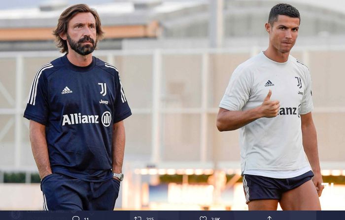 Momen kebersamaan pelatih baru Juventus, Andrea Pirlo, dan Cristiano Ronaldo usai menjalani sesi latihan.