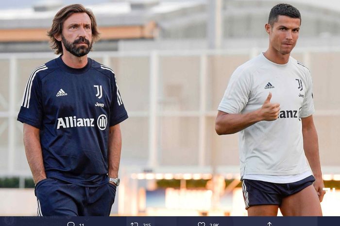 Momen kebersamaan pelatih baru Juventus, Andrea Pirlo, dan Cristiano Ronaldo usai menjalani sesi latihan.