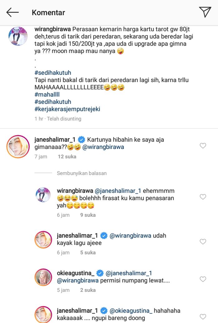 Komentar Jane Shalimar di unggahan Wirang Birawa