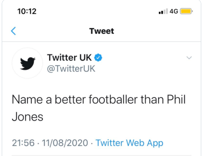 Cuitan dari akun @TwitterUK yang dianggap mengejek Phil Jones.