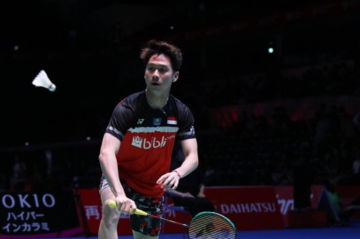 Pemain ganda putra Indonesia, Kevin Sanjaya Sukamuljo saat bertanding pada turnamen Japan Open 2019, Rabu (24/7/2019).