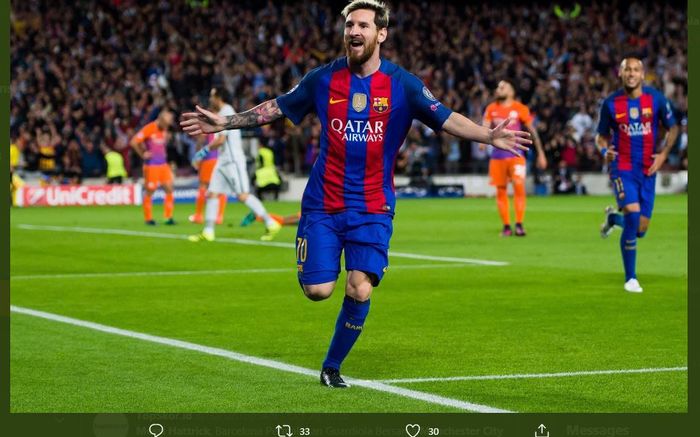 Lionel Messi merayakan golnya saat Barcelona melawan Manchester City.