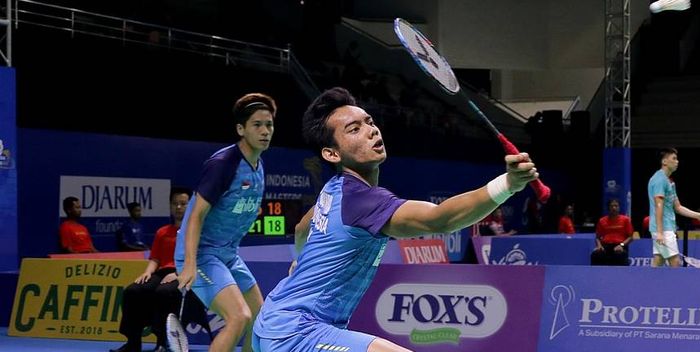 Pramudya Kusumawardana/Yeremia Erich Yoche Yacob saat tampil di babak pertama Yuzu Indonesia Masters 2019, di GOR Ken Arok, Malang, Rabu (2/10/2019).