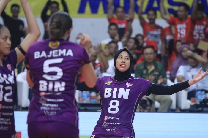 Pemain Jakarta BIN, Megawati Hangestri Pertiwi sedang berselebrasi usai meraih angka dalam lanjutan pekan kelima Proliga 2024, Sabtu (9/6/2024)