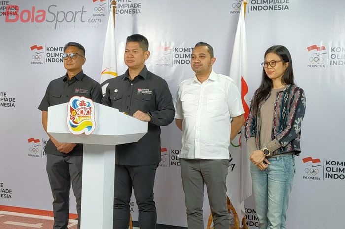 Konferensi Pers Komite Olimpiade Indonesia terkait pembatalan AWBG 2023, di Senayan, kawasan Jakarta Selatan, Rabu (5/6/2023).
