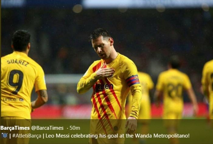 Selebrasi megabintang Barcelona, Lionel Messi, seusai menjebol gawang Atletico Madrid di Wanda Metropolitnao, Minggu (1/12/2019).