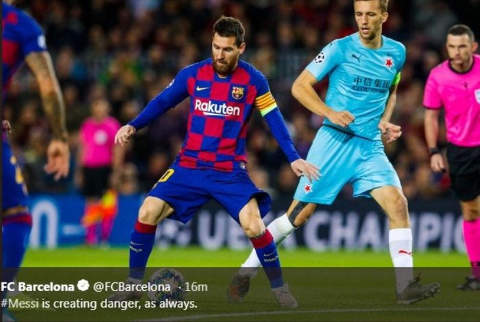 Megabintang Barcelona, Lionel Messi, dalam laga kontra Slavia Praha di Camp Nou, Selasa (5/11/2019).