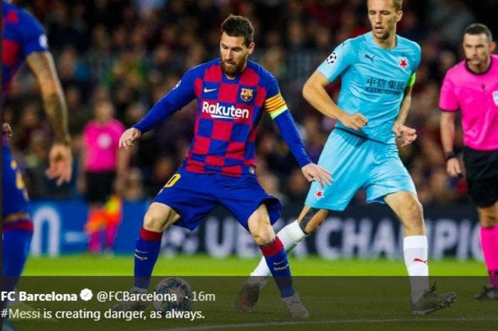 Megabintnag Barcelona, Lionel Messi, dalam laga kontra Slavia Praha di Camp Nou, Selasa (5/11/2019).