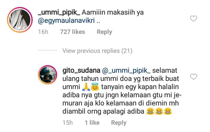 Seorang netizen turut mengomentari keakraban Egy Maulana Vikri dan Ummi Pipik.