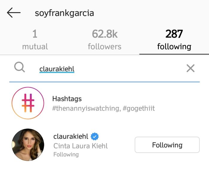 Frank Garcia masih mengikuti akun Instagram Cinta Laura.