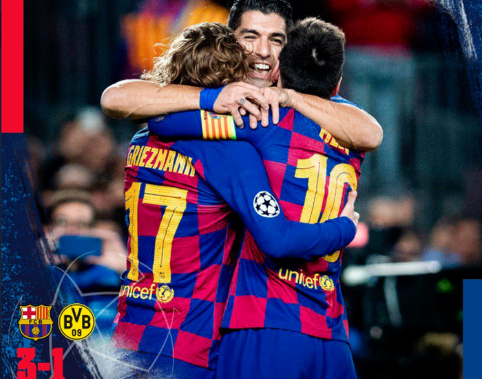 Trio Lionel Messi, Luis Suarez, dan Antoine Griezmann mencetak gol saat Barcelona mengalahkan Borussia Dortmund pada matchday 5 Liga Champions, Rabu (27/11/2019), di Camp Nou.