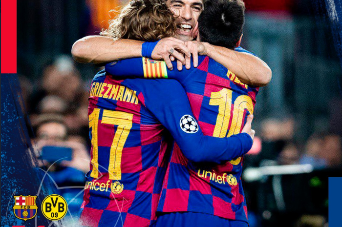 Trio Lionel Messi, Luis Suarez, dan Antoine Griezmann mencetak gol saat Barcelona mengalahkan Borussia Dortmund pada matchday 5 Liga Champions, Rabu (27/11/2019) di Camp Nou.