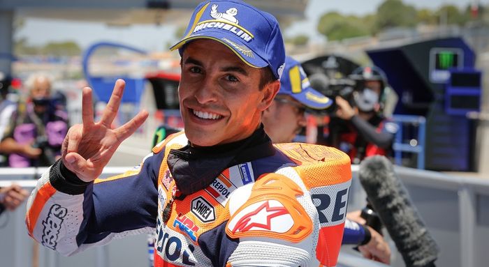 Pembalap Repsol Honda, Marc Marquez, meraih posisi start ketiga pada kualifikasi MotoGP Spanyol di Sirkuit Jerez, Spanyol, 18 Juli 2020.