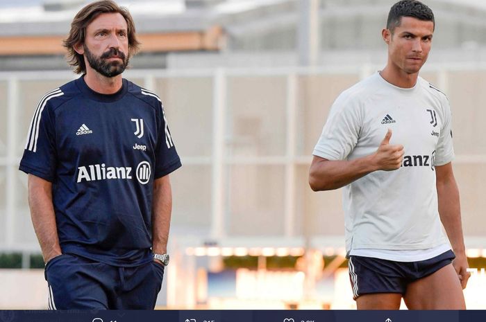 Momen kebersamaan pelatih baru Juventus, Andrea Pirlo, dan Cristiano Ronaldo usai menjalani sesi latihan.