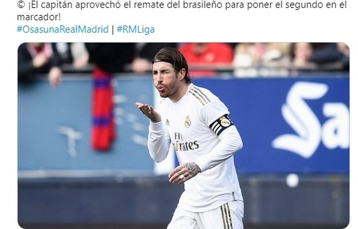 Kapten Real Madrid, Sergio Ramos, melakukan selebrasi seusai menjebol gawang Osasuna dalam partai Liga Spanyol, Minggu (9/2/2020).