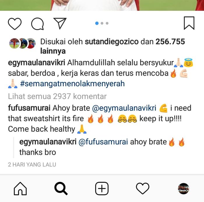 Kitman Lechia Gdansk memberikan semangat pada Egy Maulana Vikri melalui kolom komentar Instagram.