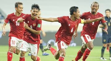 Selebrasi Evan Dimas usai cetak gol ke gawang Thailand dalam laga Kualifikasi Piala Dunia 2022 zona Asia grup G, di Stadion Al-Maktoum, Dubai, Uni Emirat Arab (UEA), Kamis (3/6/2021).