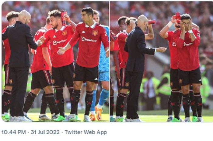 Gesture frustrasi Cristiano Ronaldo saat Erik ten Hag menjelaskan taktik di laga Manchester United Vs Rayo Vallecano, Minggu (31/7/2022).