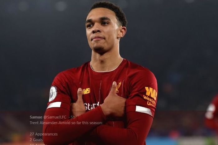 Bek kanan Liverpool, Trent Alexander-Arnold, merayakan golnya pada laga melawan Leicester City.