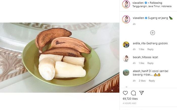 Menu sarapan Via Vallen cukup dengan pisang dan singkong rebus.