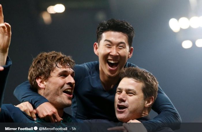 Mauricio Pochettino bersama Son Heung-min dan Fernando Llorente merayakan kesuksesan Tottenham Hotspur usai lolos ke semifinal Liga Champions