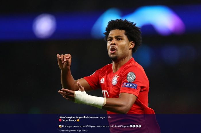 PEmain Bayern Muenchen, Serge Gnabry, melakuan selebrais seusai menjebol gawang Tottenham Hotspur pada Selasa (1/10/2019).