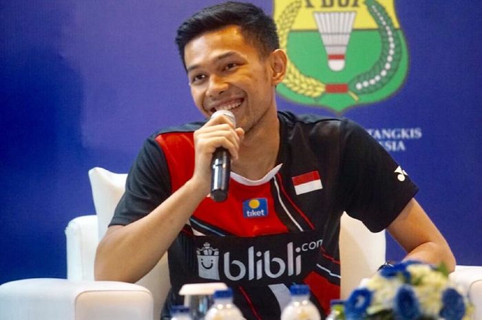 Pemain bulu tangkis tunggal putra, Fajar Alfian, saat berbicara dalam konferensi pers Indonesia Masters 2019 di Jakarta, Rabu (11/9/2019).