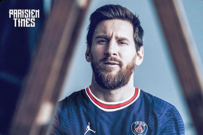 Ilustrasi Lionel Messi dalam seragam Paris Saint-Germain (PSG).