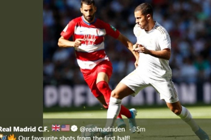 Aksi penyerang Real Madrid, Eden Hazard, dalam laga kontra Granada di Estadio Santiago Bernabeu, Sabtu (5/10/2019).