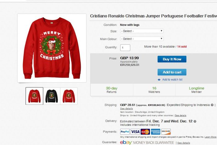 Sweater Cristiano Ronaldo untuk natal beredar di eBay.