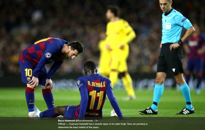 Penyerang Barcelona, Ousmane Dembele, cedera dalam laga melawan Borussia Dortmund pada Rabu (27/11/2019).