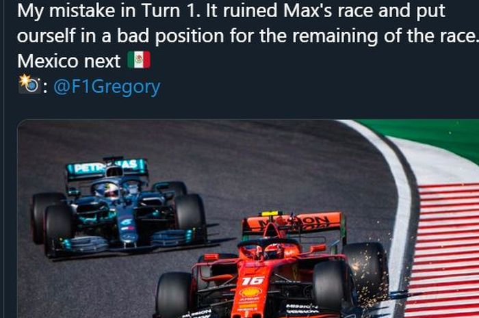 Unggahan Charles Leclerc setelah insiden yang terjadi di F1 Jepang 2019, Minggu (13/10/2019).