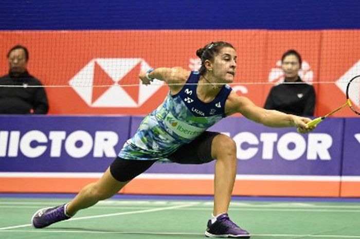 Pebulu tangkis tunggal putri Spanyol, Carolina Marin, saat tampil pada perempat final Hong Kong Open 2023 di Kowloon, Hong Kong, 15 September 2023.