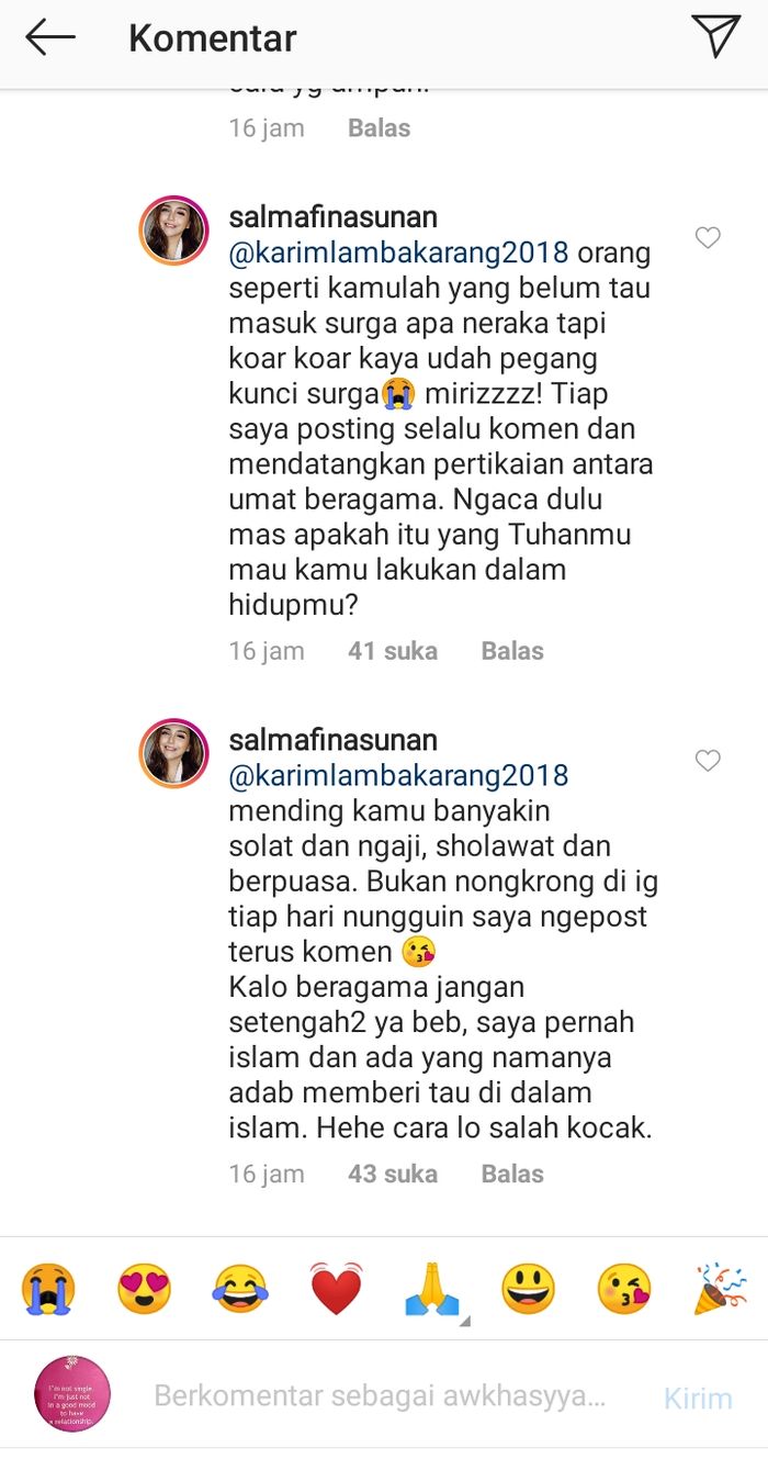 Salmafina Sunan memberikan balasan komentar yang tak kalah menohok untuk netizen yang mengomentari fotonya.