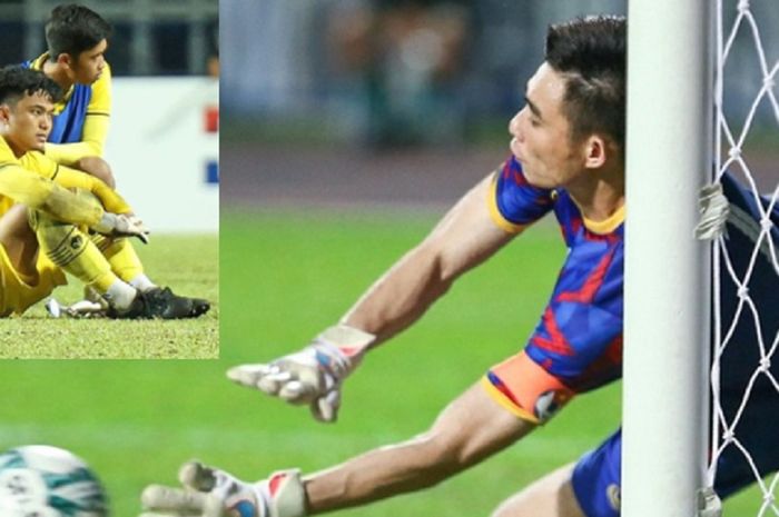 Kiper Timnas U-23 Indonesia Ernando Ari terduduk lesu (insert) setelah Quan Van Chuan menghentikan tendangan penaltinya dalam final Piala AFF U-23 2023 di Thailand, Sabtu (26/8/2023).