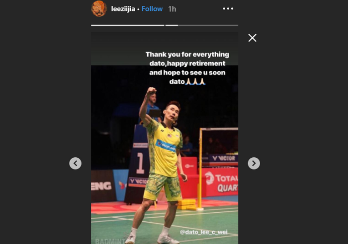 Unggahan instastory milik Lee Zii Jia setelah mendengar kabar pensiun dari Lee Chong Wei.