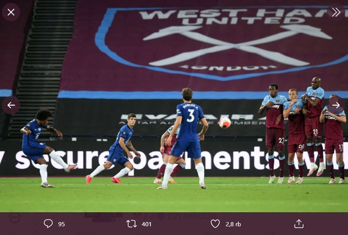Chelsea gagal meraih poin ketika bertandang ke markas West Ham United, London Stadium, pada laga pekan ke-32 Liga Inggris, Rabu (1/7/2020) waktu setempat.