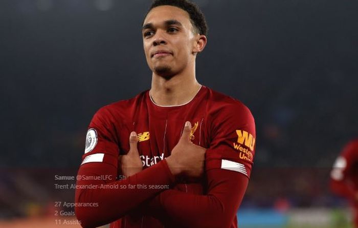 Bek kanan Liverpool, Trent Alexander-Arnold, merayakan golnya pada laga melawan Leicester City.