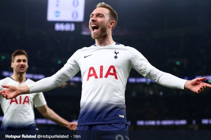 Christian Eriksen merayakan gol ke gawang Brighton &amp; Hove di Tottenham Hotspur Stadium