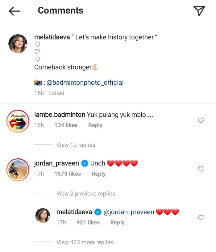 Balasan komentat Melati dan Praveen di Instagram Melati