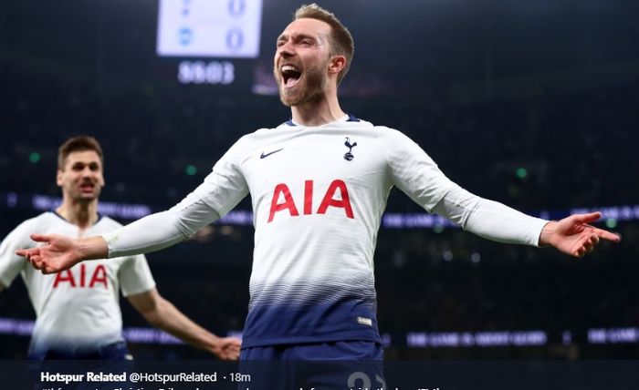 Christian Eriksen merayakan gol ke gawang Brighton &amp; Hove di Tottenham Hotspur Stadium