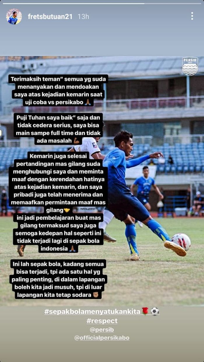 Unggahan Frets Butuan di Instagram story-nya terkait insiden dengan pemain Tira Persikabo, Gilang Ginarsa.